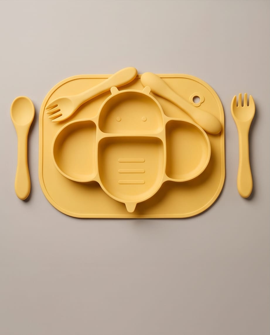 latte-colored silicone baby feeding set
