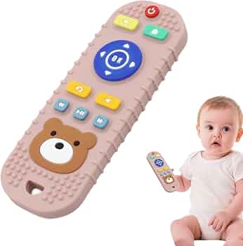 silicone remote control-shaped baby teething toys featuring a cute teddy bear face and textured buttons.