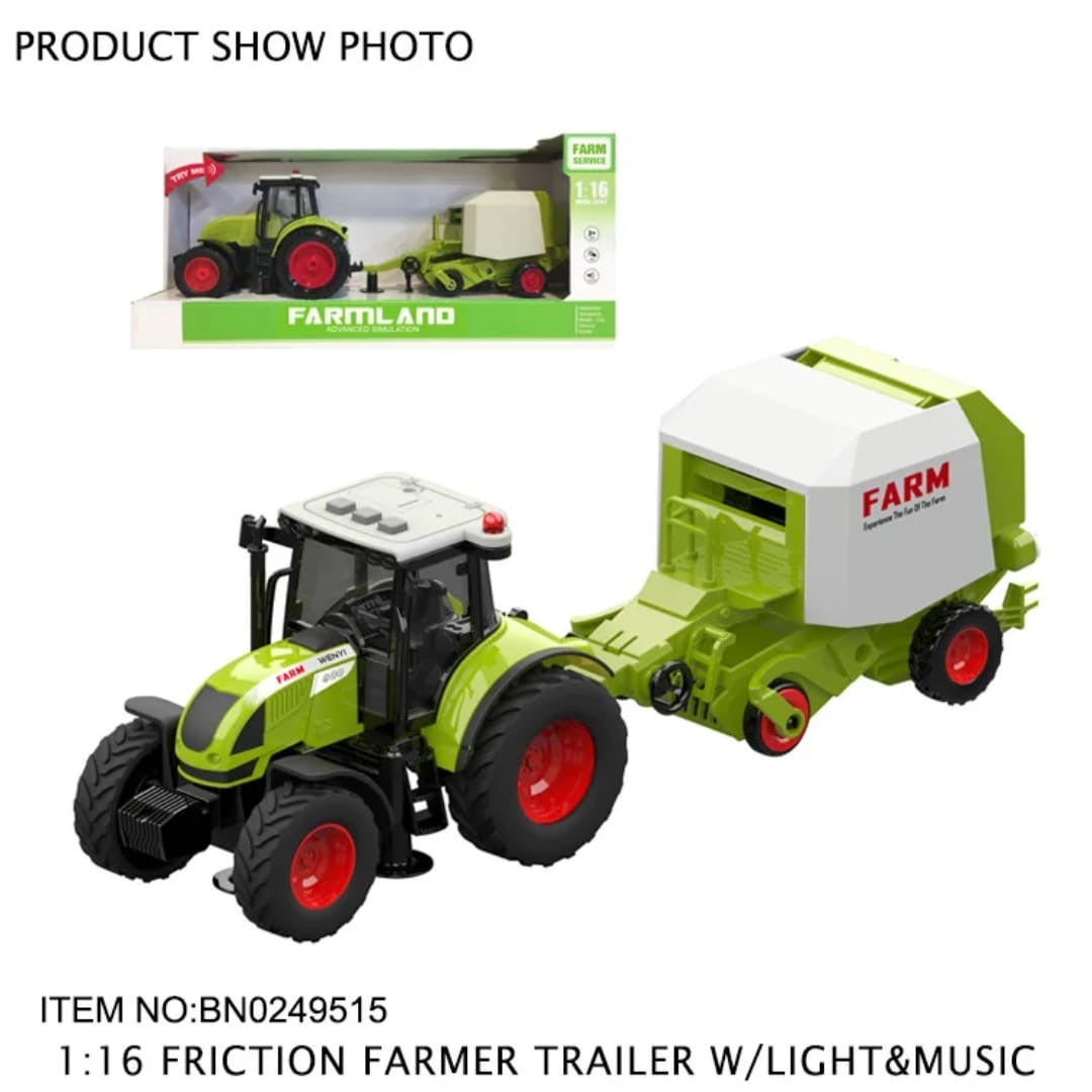 Toy tractor with hay baler trailer