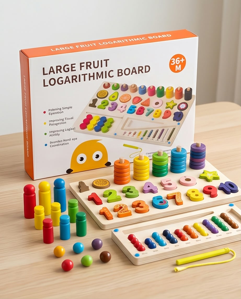 wooden math, number, shape, and fruit sorting board game