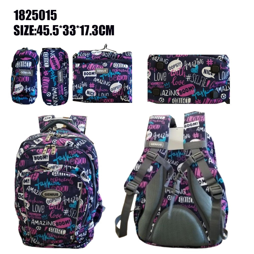 Girls Genius, School Bag, Set Of 5 Pcs, 18"