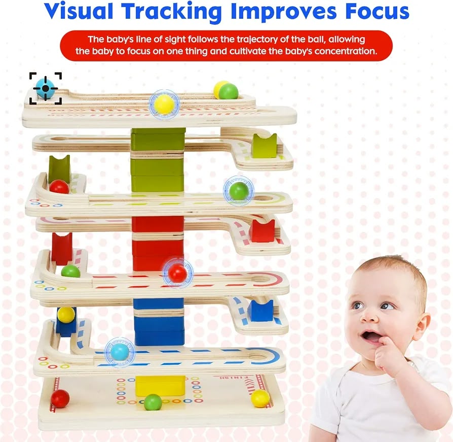 wooden multi-tier ball drop and marble run toy tower