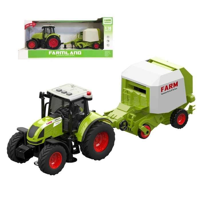 Toy tractor with hay baler trailer