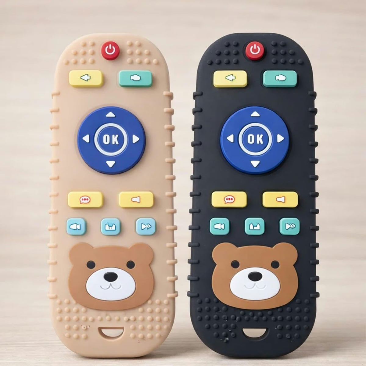 silicone remote control-shaped baby teething toys featuring a cute teddy bear face and textured buttons.