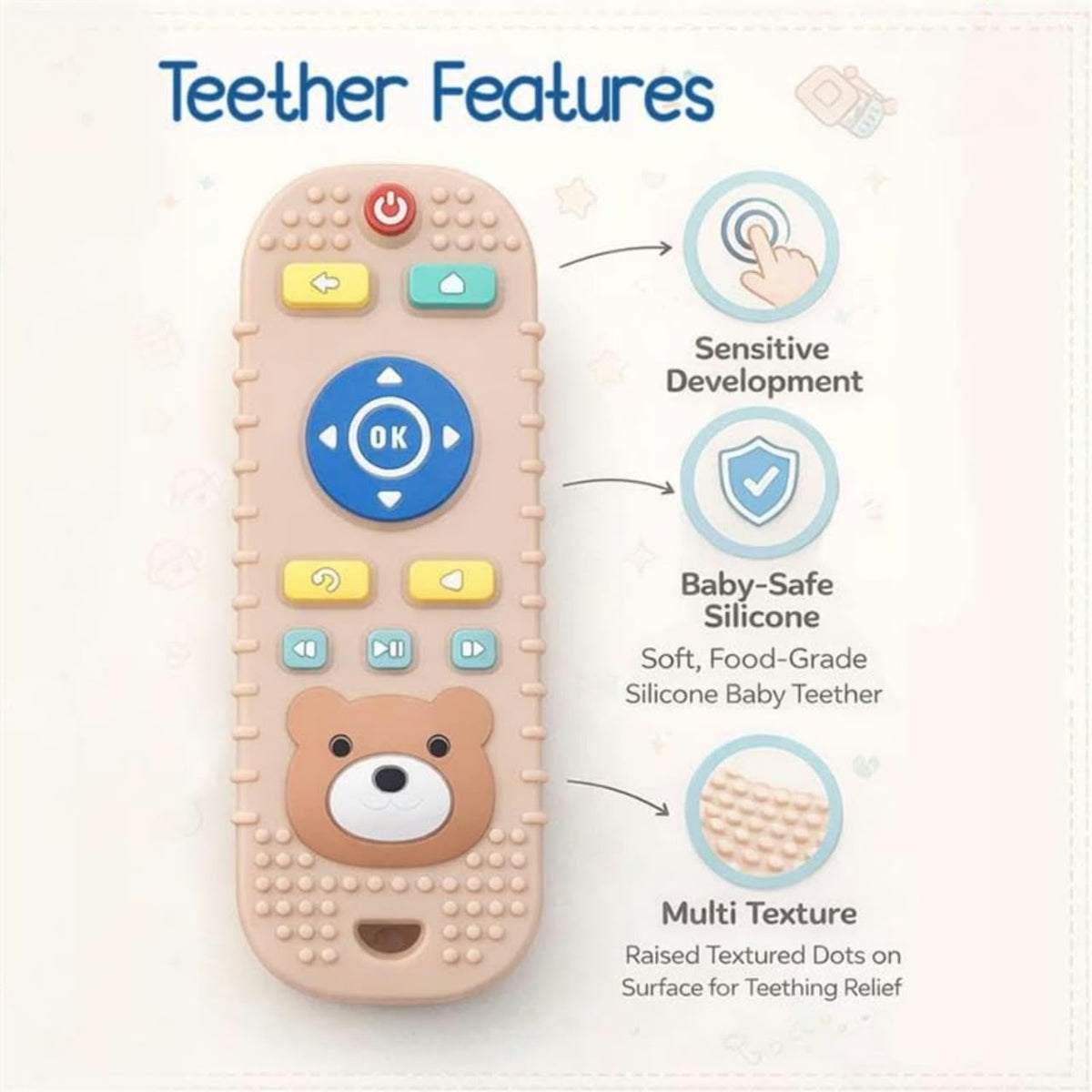 silicone remote control-shaped baby teething toys featuring a cute teddy bear face and textured buttons.