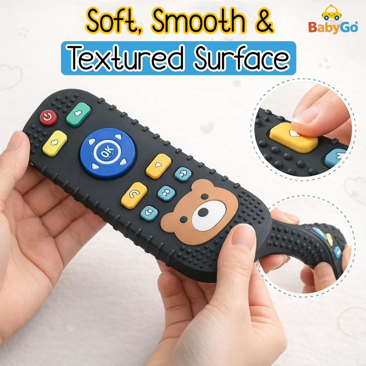 silicone remote control-shaped baby teething toys featuring a cute teddy bear face and textured buttons.