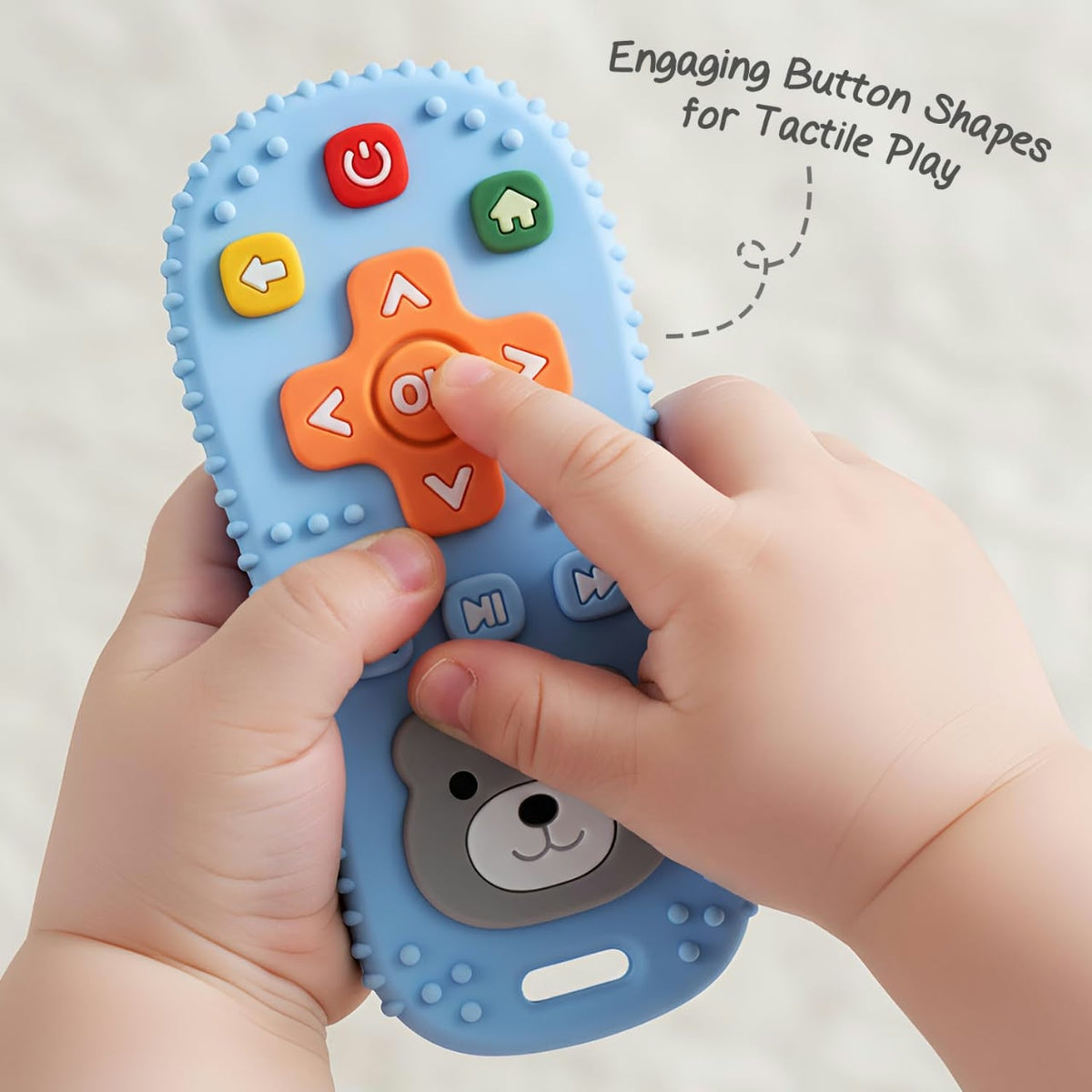 silicone remote control-shaped baby teething toys featuring a cute teddy bear face and textured buttons.