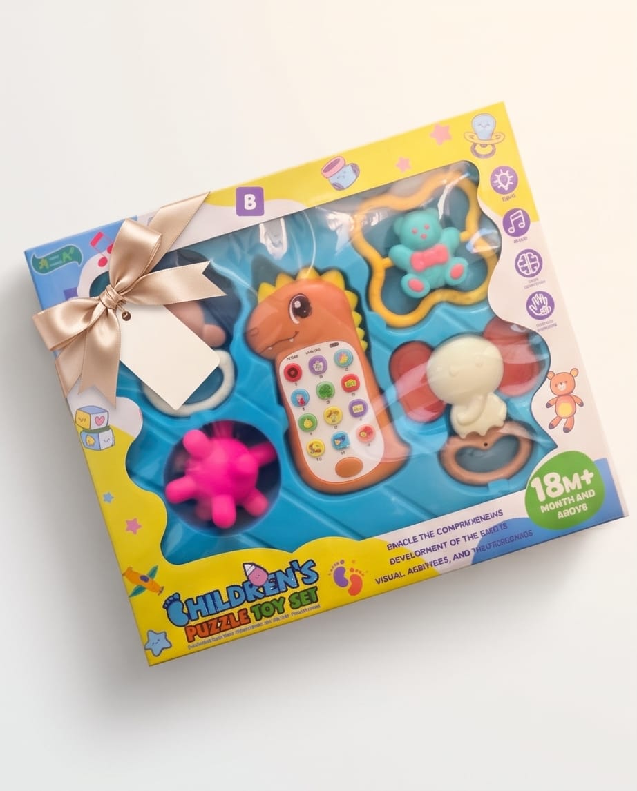 Children's Puzzle Toy Set featuring an orange interactive dinosaur-shaped musical phone