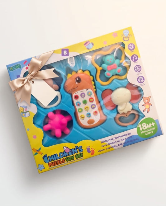 Children's Puzzle Toy Set featuring an orange interactive dinosaur-shaped musical phone