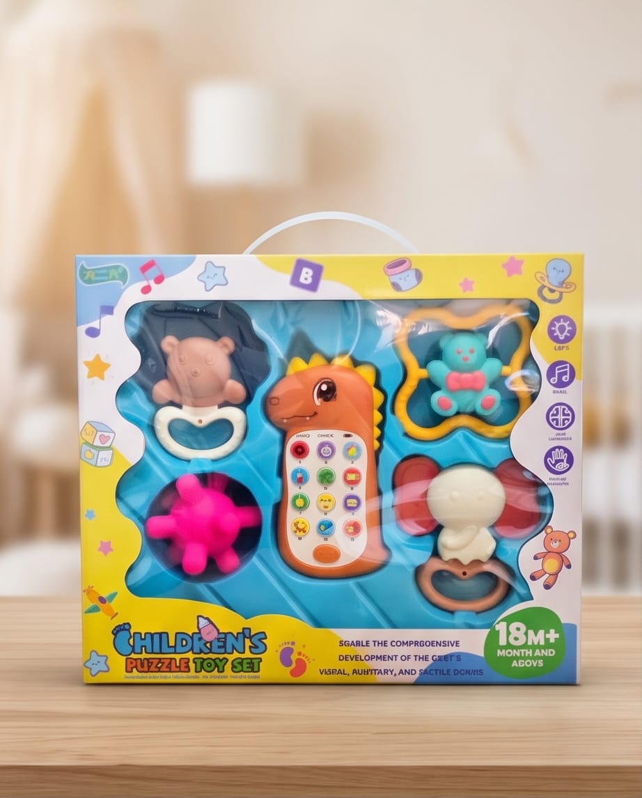 Children's Puzzle Toy Set featuring an orange interactive dinosaur-shaped musical phone
