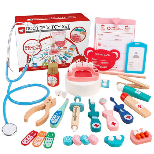 wooden pretend-play doctor and dentist toy set for children.