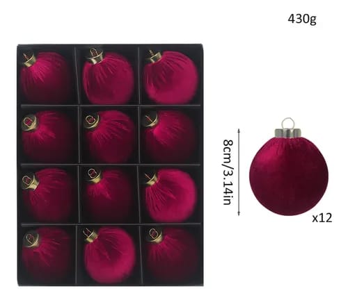 set of 12 burgundy or wine-red velvet-flocked Christmas ornaments