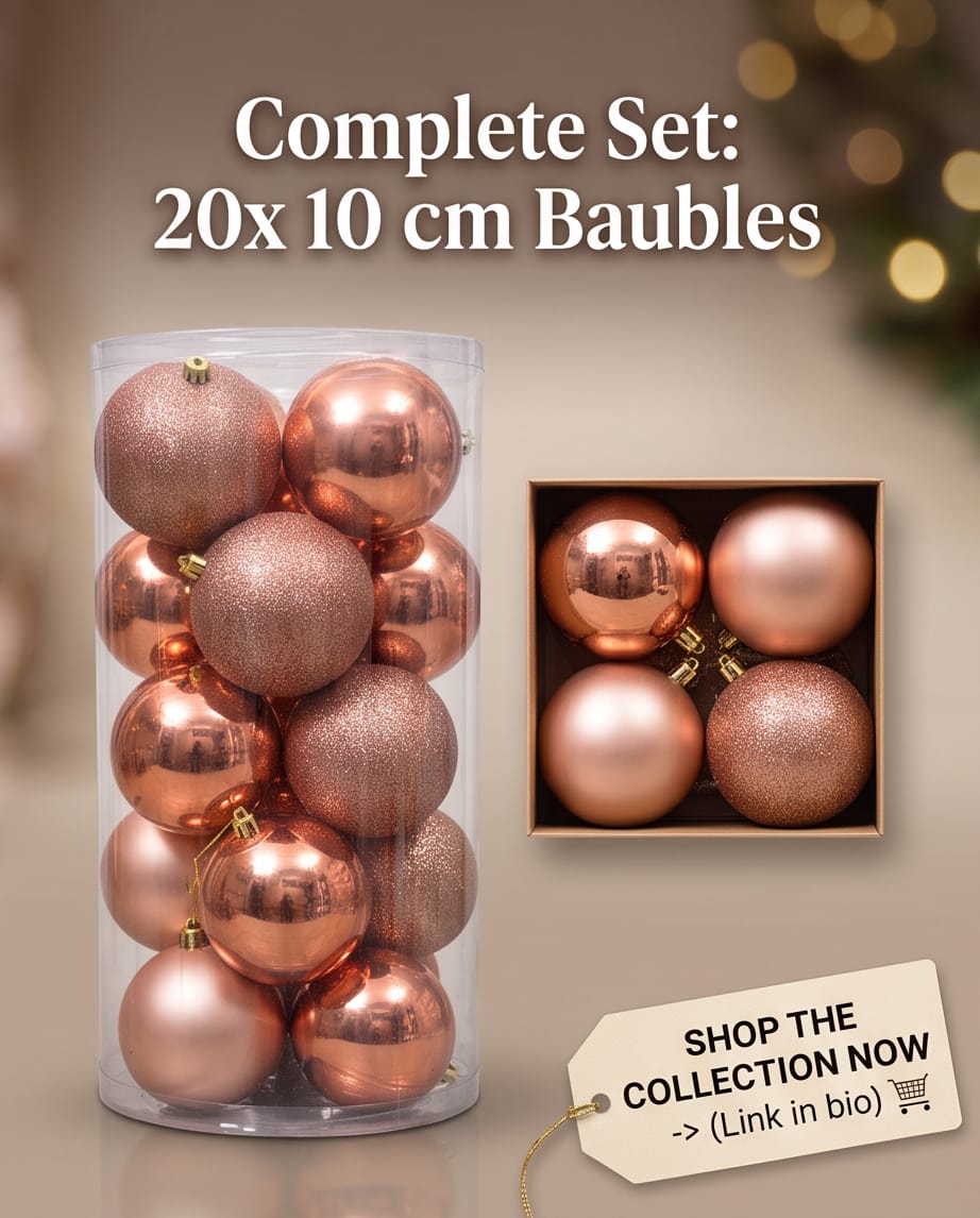 set of rose gold Christmas tree ornaments