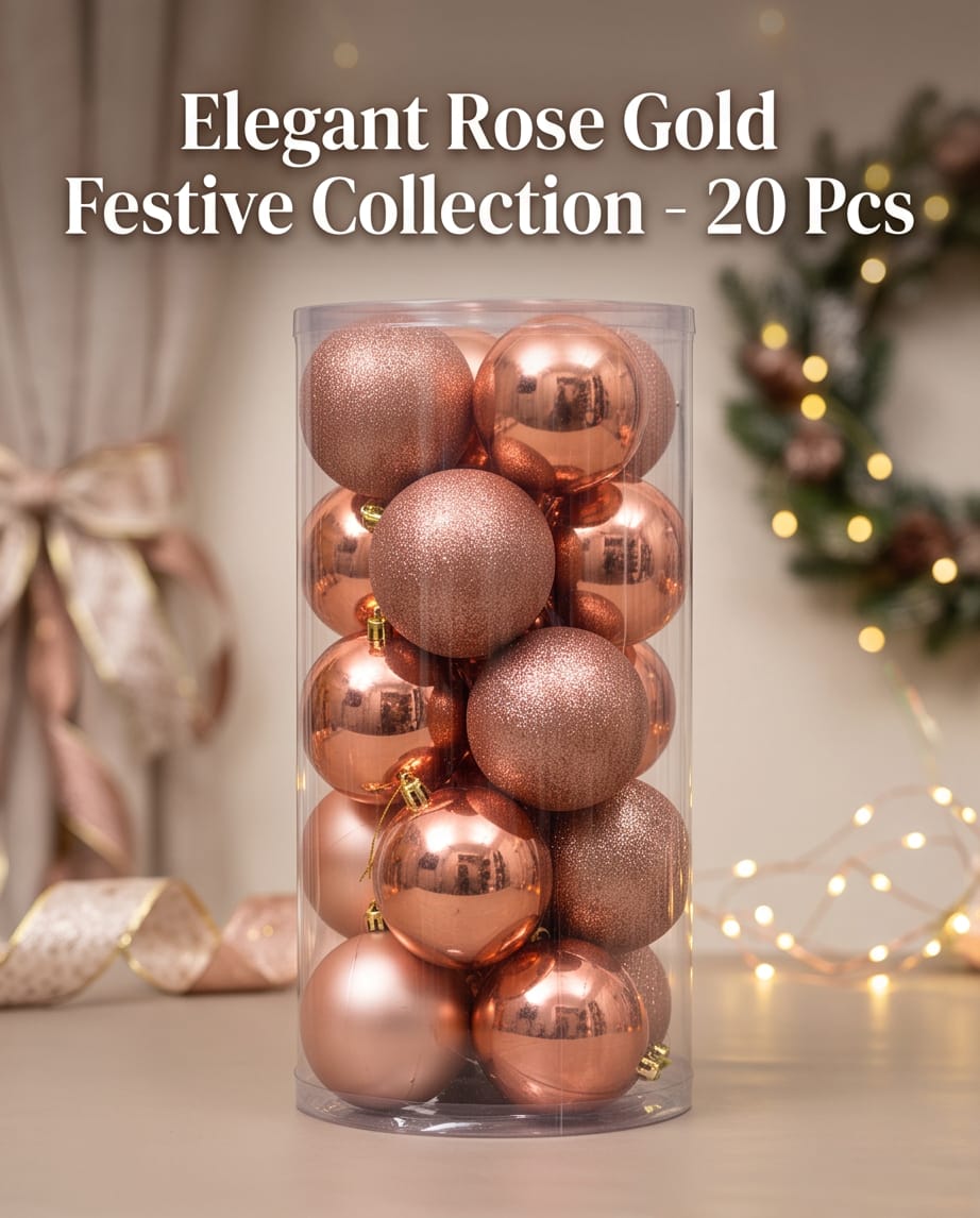 set of rose gold Christmas tree ornaments