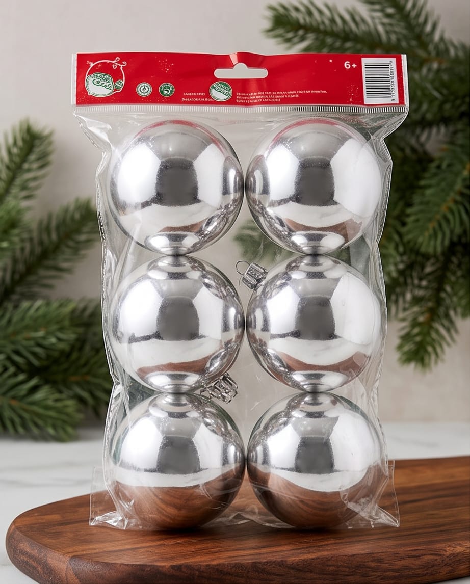 shiny, silver-mirrored balls.