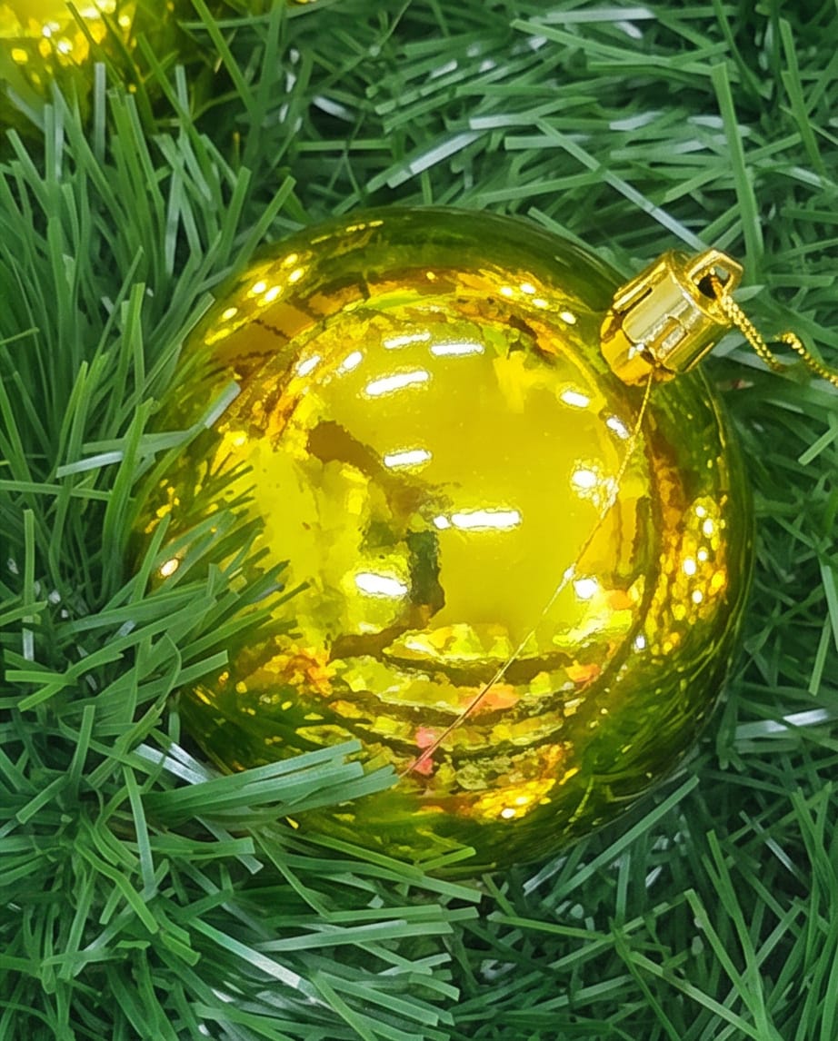 shiny, silver-mirrored balls.