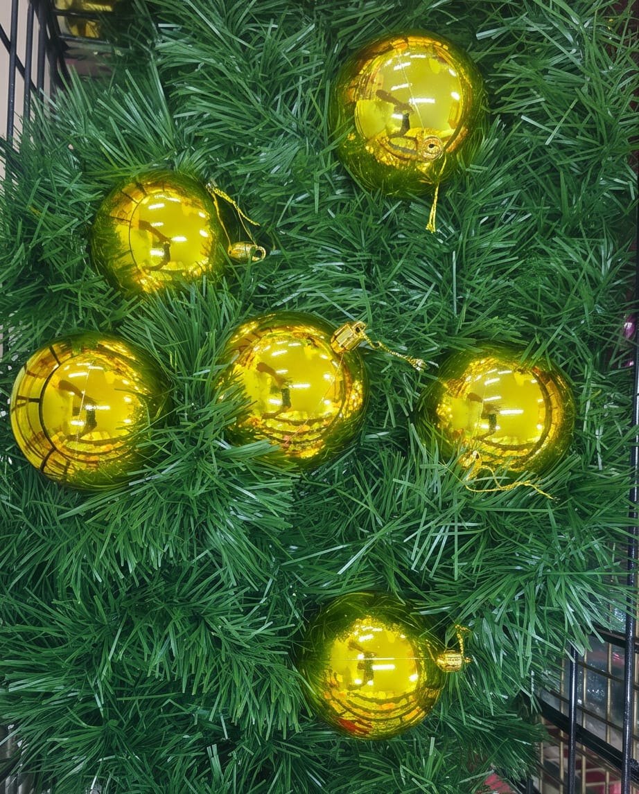 shiny, silver-mirrored balls.