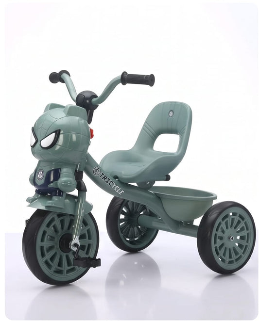 children's three-wheeled tricycle featuring a stylized Spider-Man