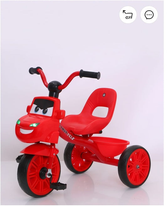 vibrant red children's cartoon car-themed tricycle