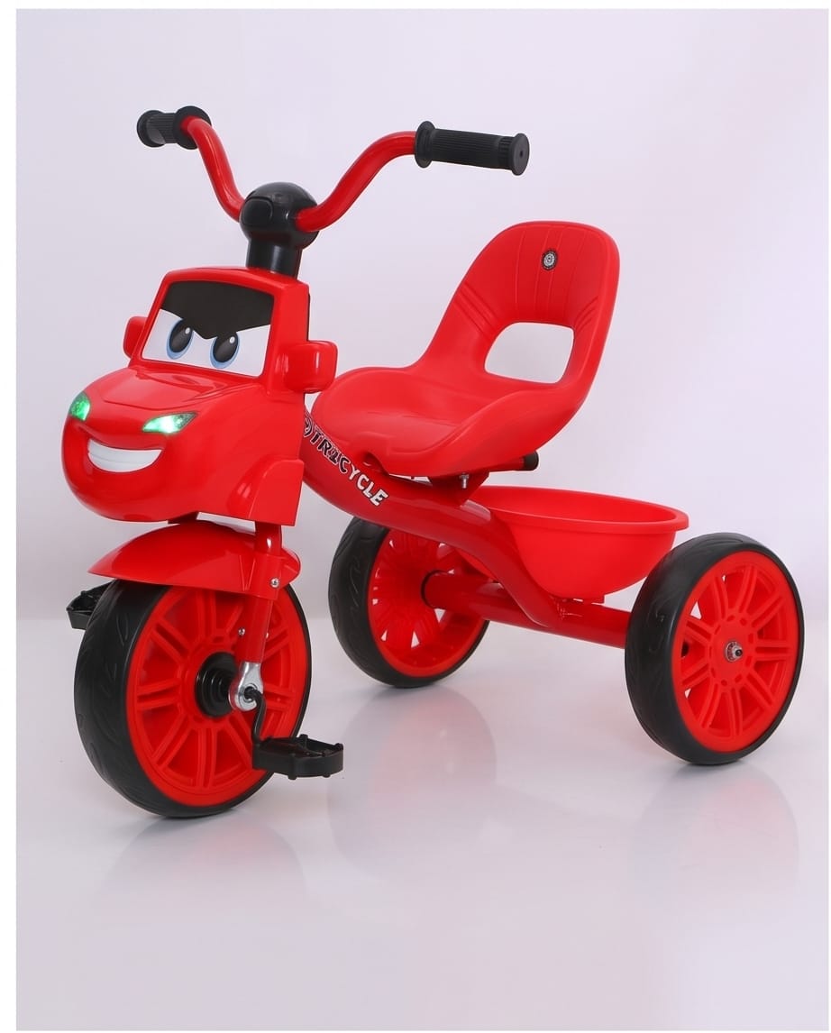 vibrant red children's cartoon car-themed tricycle