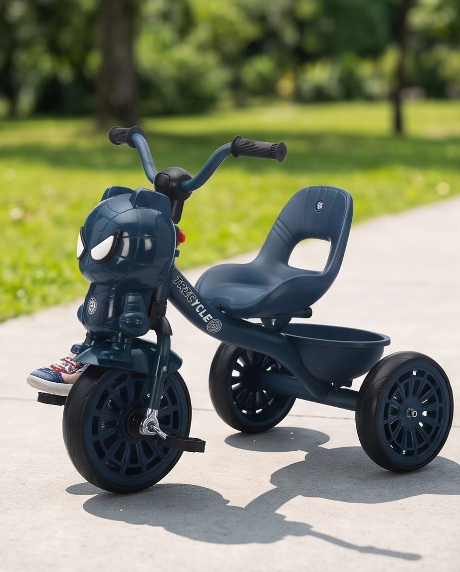 children's three-wheeled tricycle featuring a stylized Spider-Man