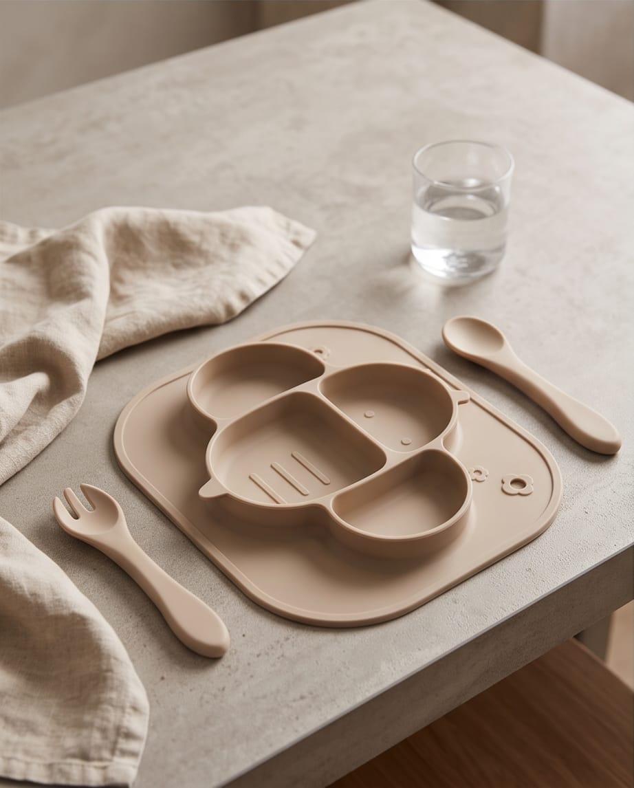 latte-colored silicone baby feeding set
