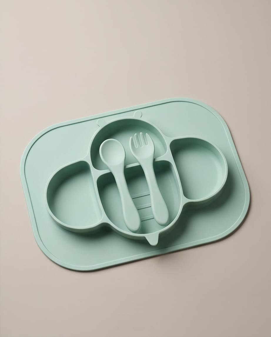 latte-colored silicone baby feeding set