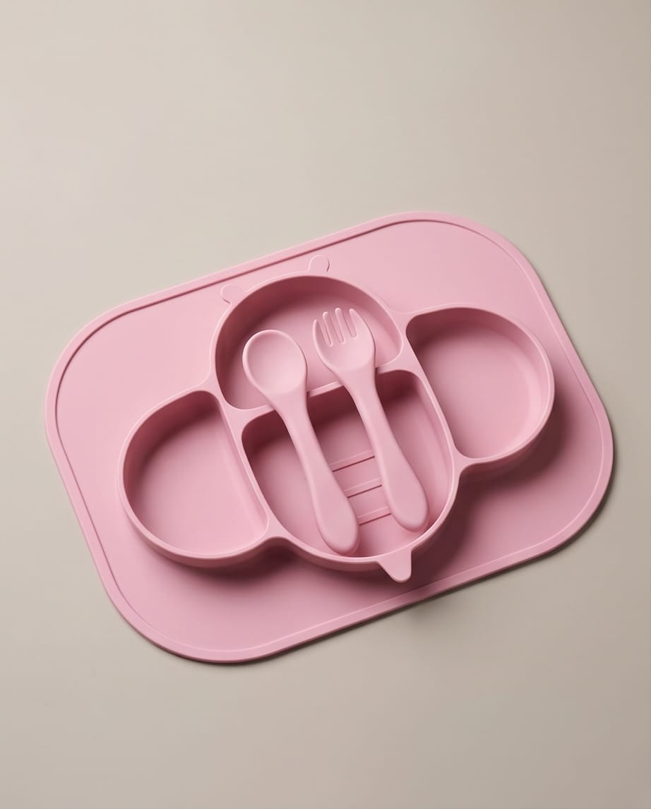 latte-colored silicone baby feeding set
