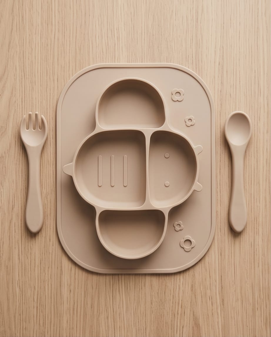 latte-colored silicone baby feeding set