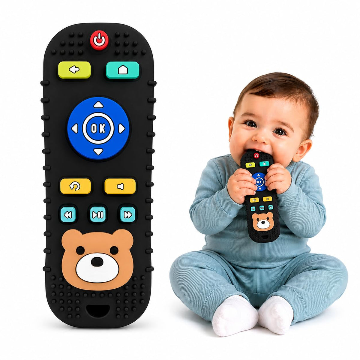 silicone remote control-shaped baby teething toys featuring a cute teddy bear face and textured buttons.