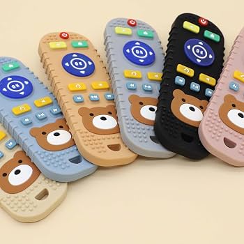 silicone remote control-shaped baby teething toys featuring a cute teddy bear face and textured buttons.