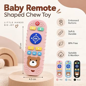 silicone remote control-shaped baby teething toys featuring a cute teddy bear face and textured buttons.