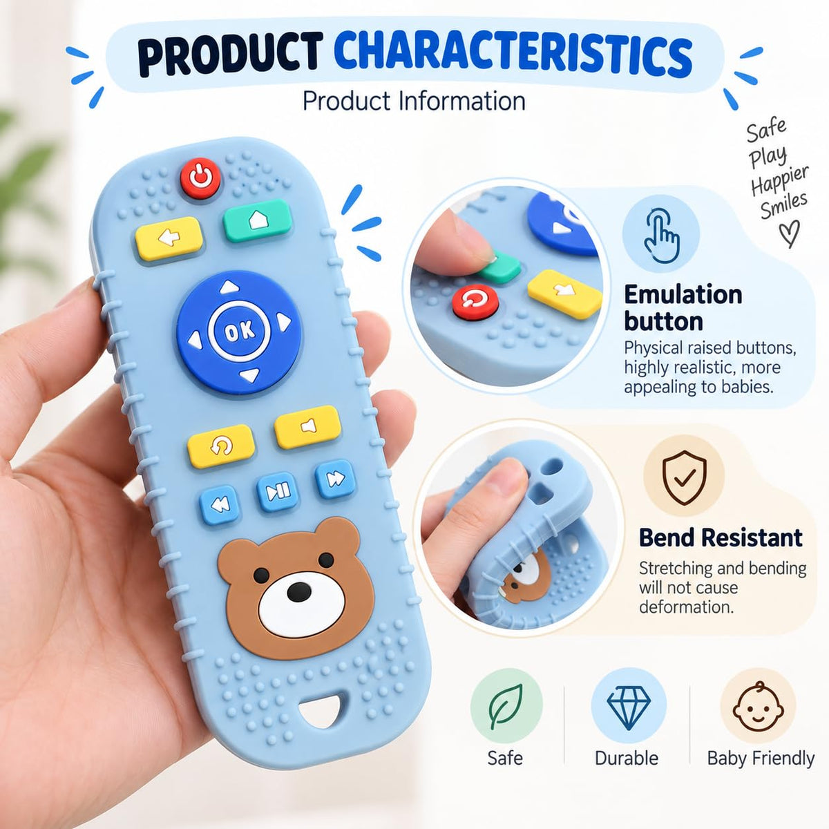 silicone remote control-shaped baby teething toys featuring a cute teddy bear face and textured buttons.