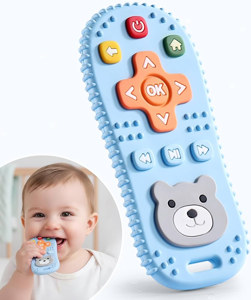 silicone remote control-shaped baby teething toys featuring a cute teddy bear face and textured buttons.