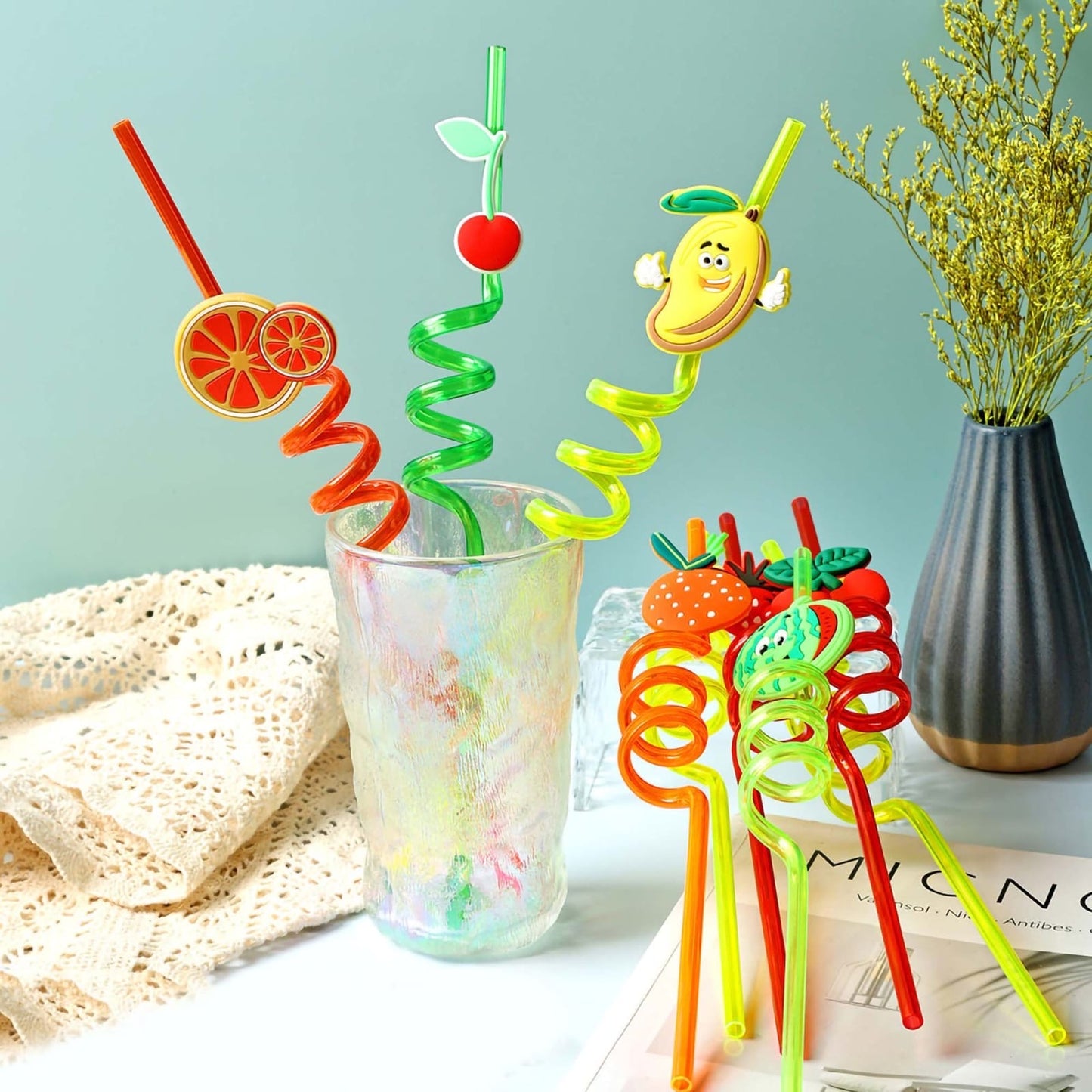 Fruit themed spiral straws