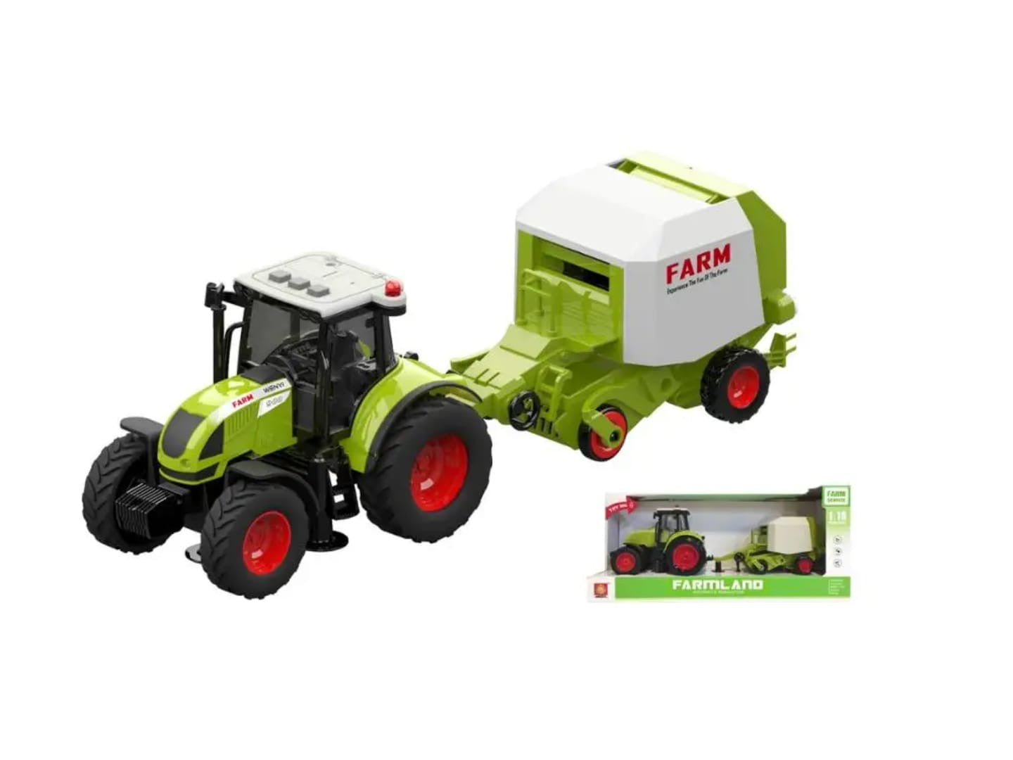 Toy tractor with hay baler trailer