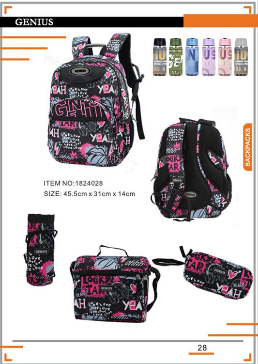 Girls Genius, School Bag, Set Of 5 Pcs, 18"