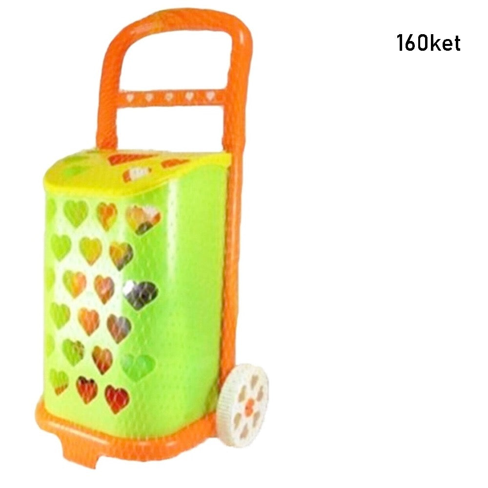 Plastic trolley basket with handle and wheels.