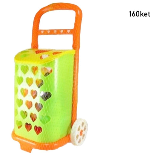 Plastic trolley basket with handle and wheels.