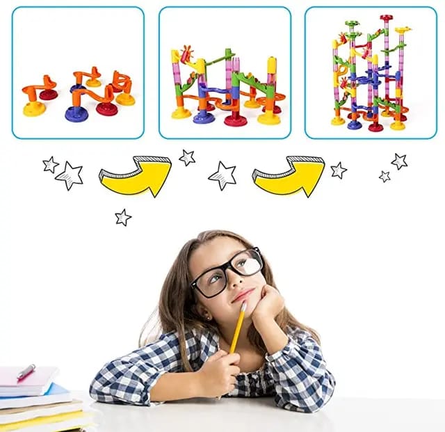 120Pcs Marble Run Toy Set, Construction Building Blocks Toys  (70 Plastic Pieces + 35 Glass Marbles)