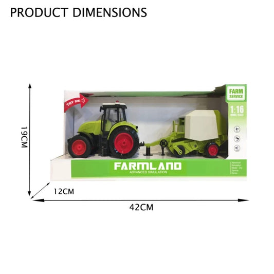Toy tractor with hay baler trailer
