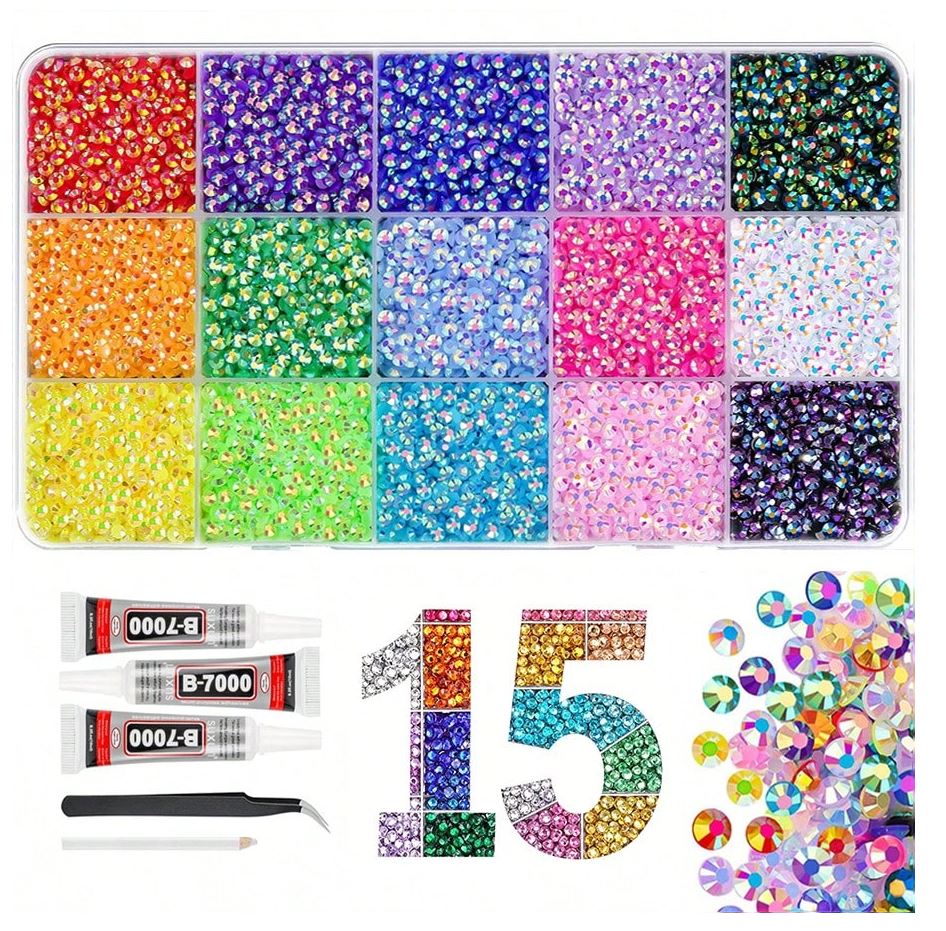 A multicolored resin flatback rhinestone bedazzling kit with tools.