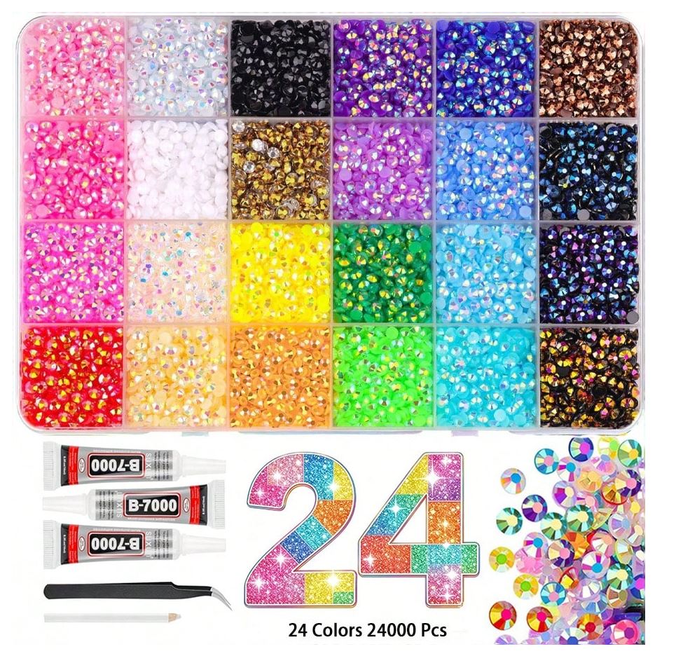 A multicolored resin flatback rhinestone bedazzling kit with tools.
