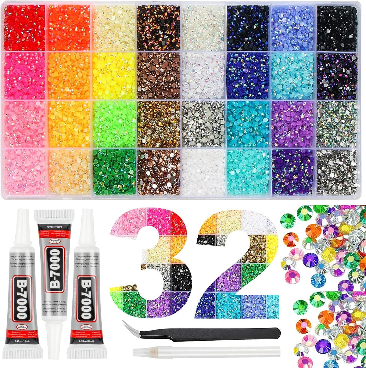 A multicolored resin flatback rhinestone bedazzling kit with tools.