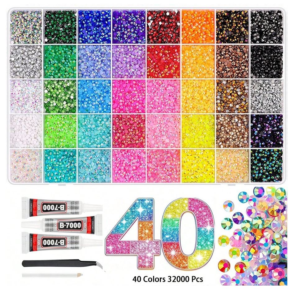 A multicolored resin flatback rhinestone bedazzling kit with tools.