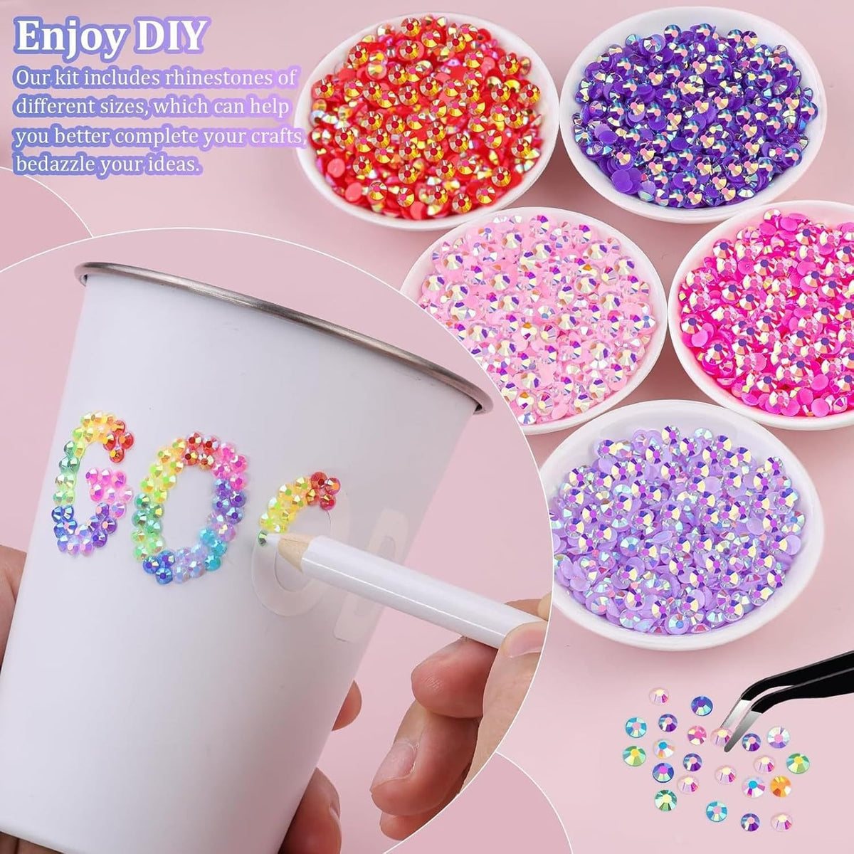 A multicolored resin flatback rhinestone bedazzling kit with tools.