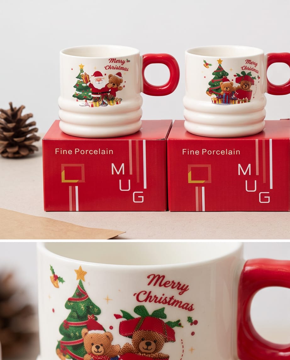 porcelain Christmas-themed mugs