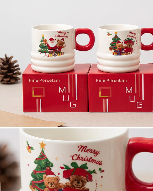 porcelain Christmas-themed mugs