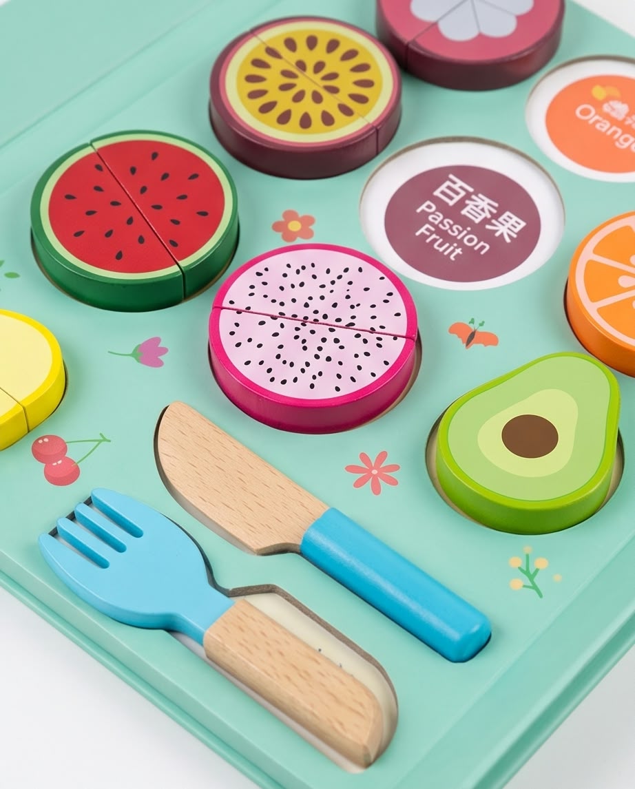 wooden magnet cutting fruits