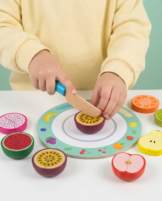 wooden magnet cutting fruits